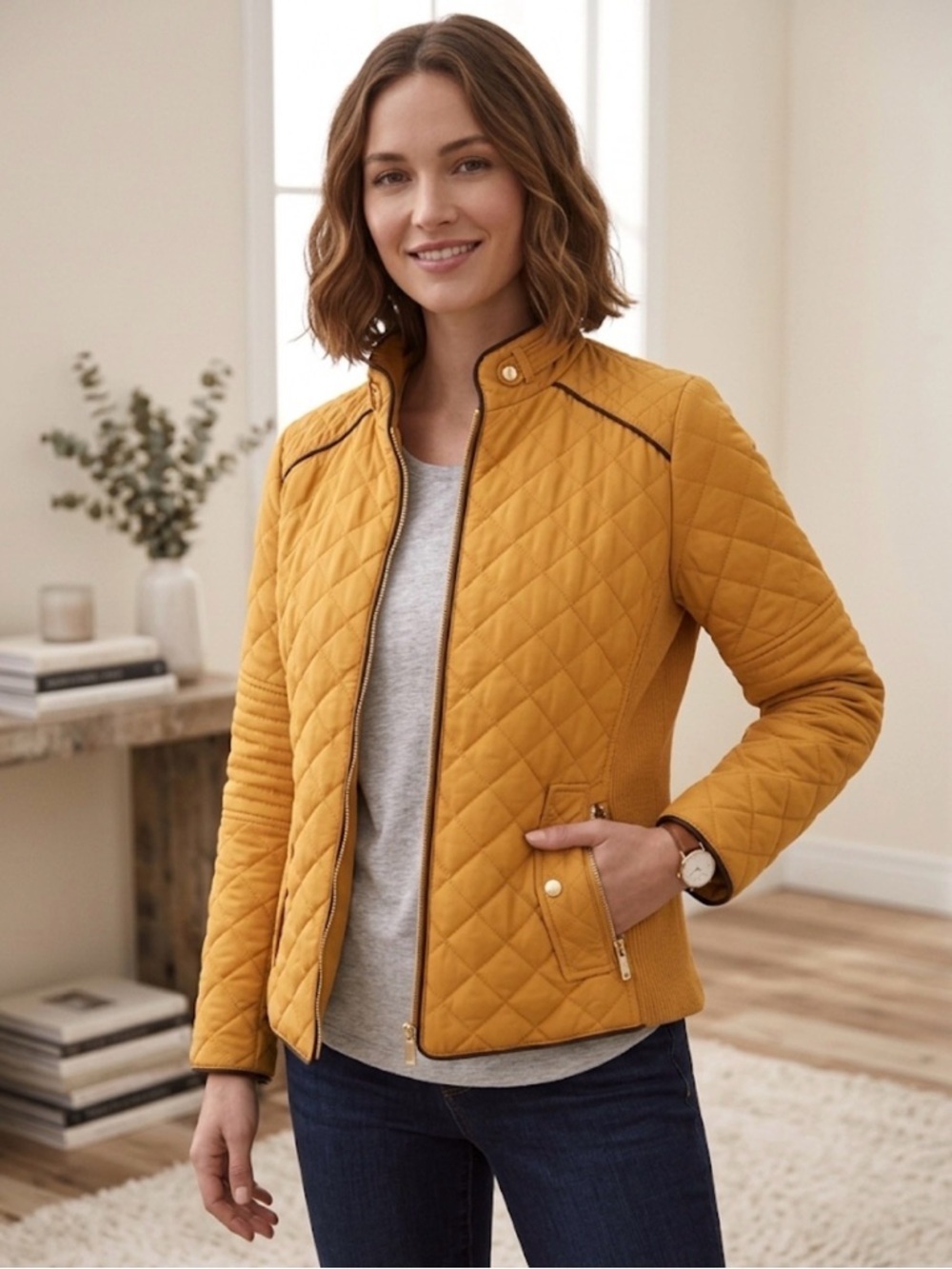 Active USA Quilted Puffer Jacket in Mustard Yellow